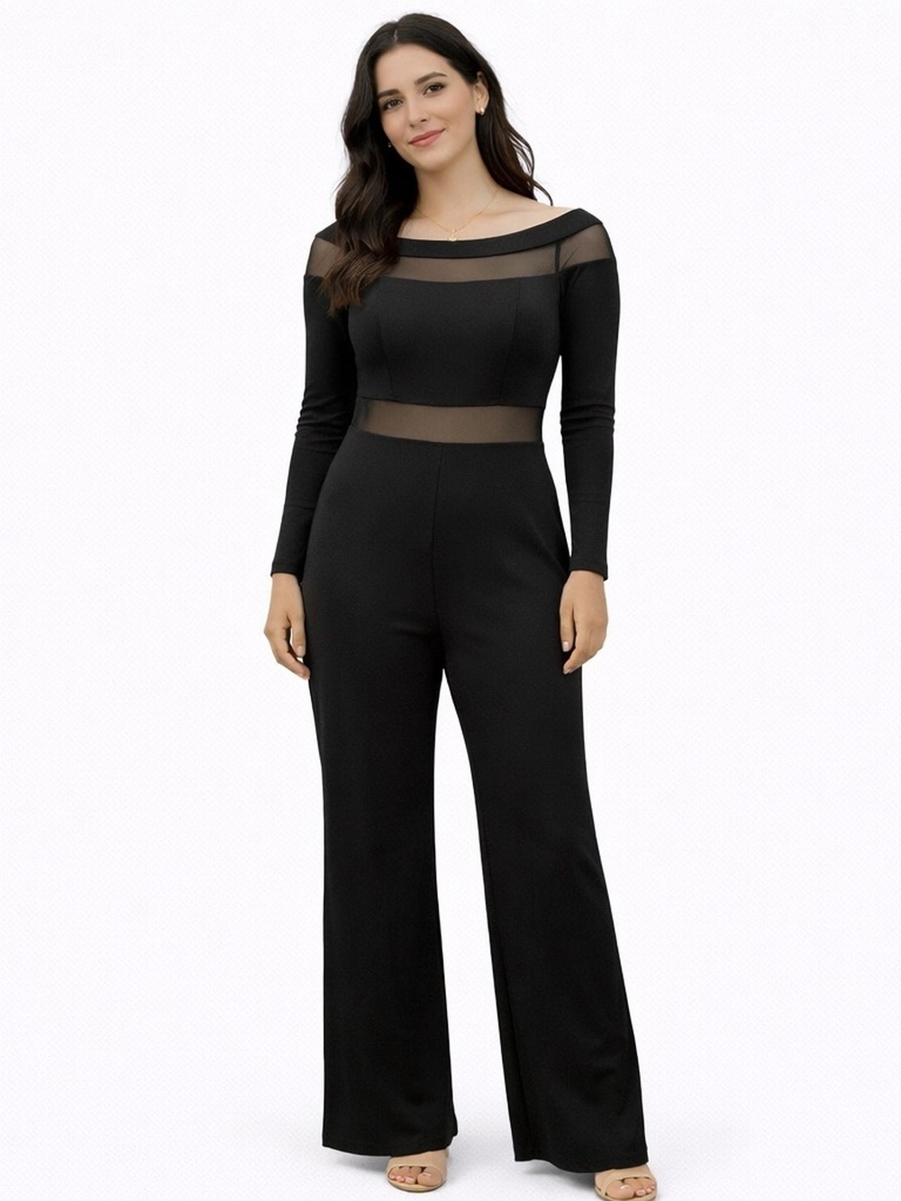 Nordstrom Black Sheer-Trim Long-Sleeve Wide-Leg Jumpsuit
